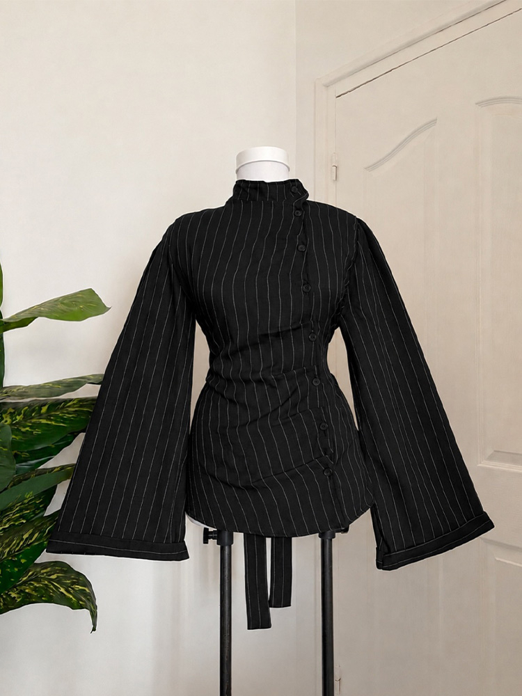 Women Fashion Necktie - Women Long Sleeve Top Vertical Stripe